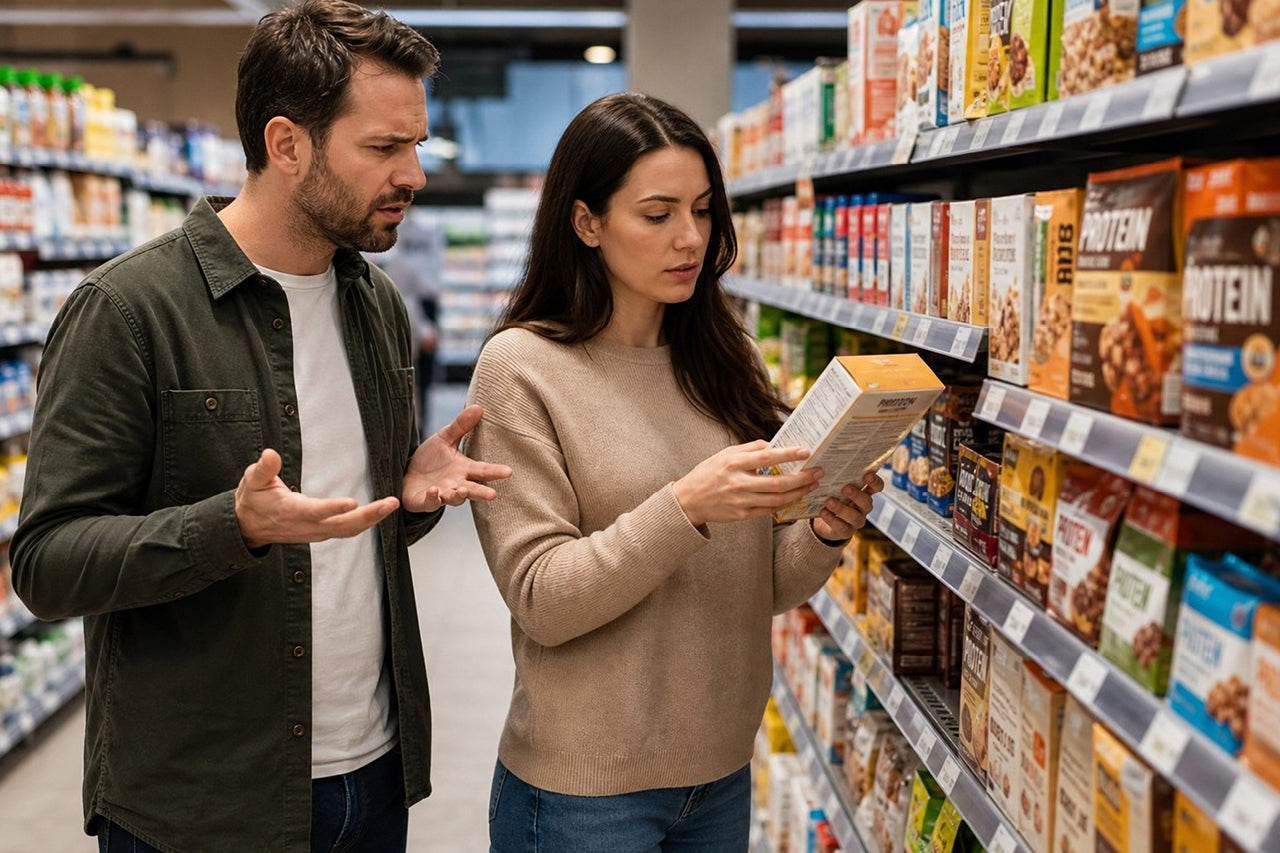 Shoppers review product labels in a grocery store aisle, reflecting growing consumer confusion about how to evaluate and use protein effectively.